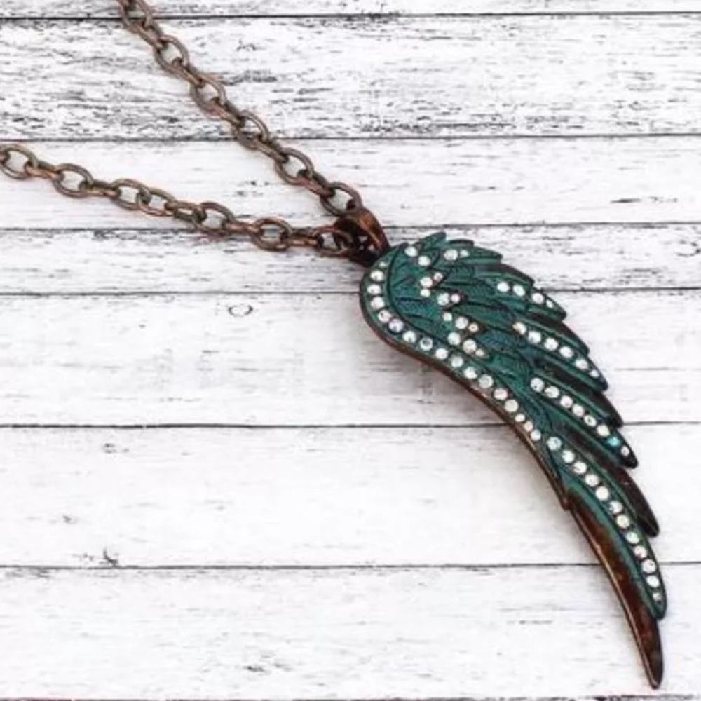 Iridescent Patina Coppertone Crystal Wing Necklace
